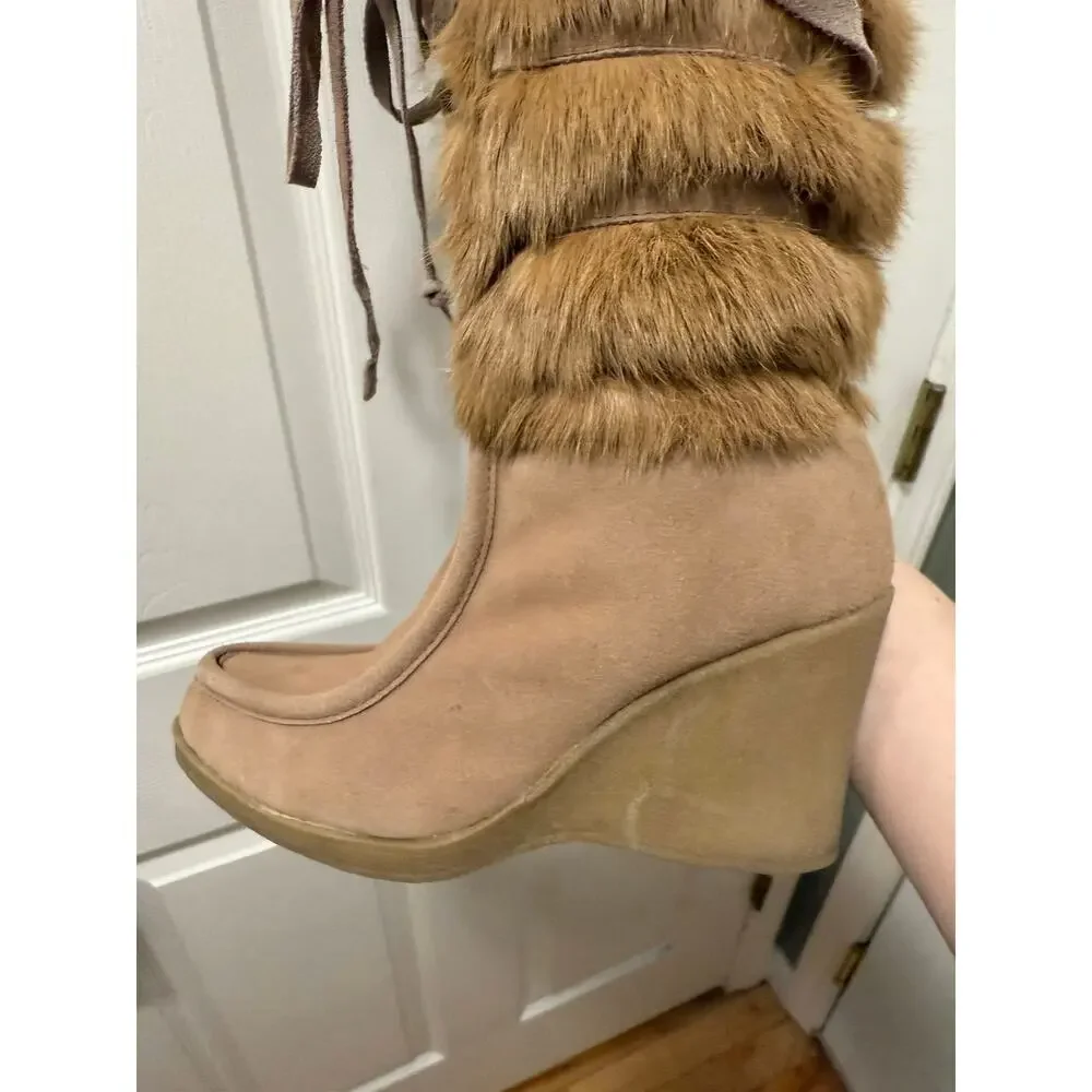 Arleen C Size‎ 8 Suede Sheepskin Rabbit Fur Ski Wedge Boots Tan Knee High Winter
